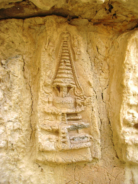Fig.5: A precious pargetted chorten image on exterior wall of same chorten of Malakhratse. This image in stucco furnishes us with an excellent sample of how chortens of the 11th century CE were once conceived in the region. Photo by Quentin Devers