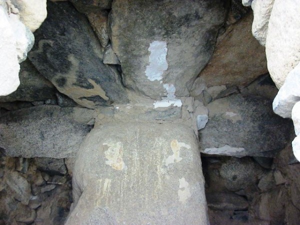 Fig.6: Interior of chorten at Nang. This highly unusual and very adept construction employed an intermediary pillar to support the bridging stones. Photo by Quentin Devers