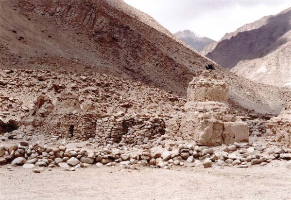 Fig.2: Chorten Dunbu, probably 11th century CE. It is claimed by local residents that each of the two middle specimens were once topped by five bumpa (bulbous structures)
