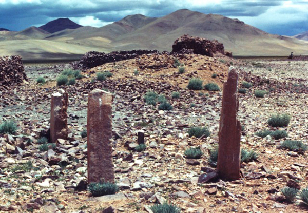 Fig. 10. These walled-in pillars in western Tibet were erected near other types of funerary structures, including a mausoleum that once had a concourse of pillars appended to it (situated directly behind the walled-in pillars). This important archaeological site in the upper Indus valley was converted into a pastoral camp in pre-modern times