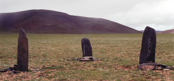 Fig. 16. This trio of pillars in the eastern Changthang is known as the ‘Three Brothers’. In this region of Upper Tibet there are no walled-in pillars but rather a few sites with isolated pillars. The geographic demarcation of the walled-in pillars and less common isolated pillars seems to coincide with the dividing line between the pre-7th century CE proto-nations of Zhang Zhung and Sumpa, as identified in Tibetan literature