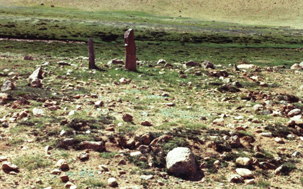 Fig. 2. Two pillars sit at the west end of a disintegrated enclosure. This site in the central Changthang is unusual in that it was built relatively close to a watercourse, albeit on well-drained ground