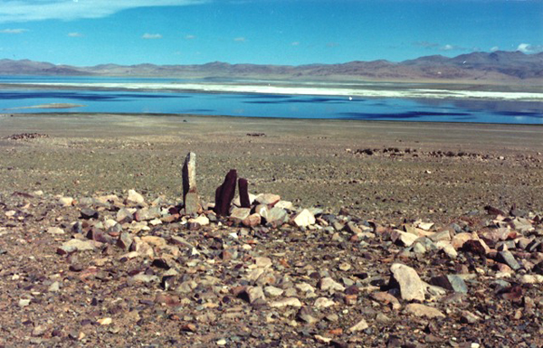 Fig. 6. Light and dark-colored pillars inside an enclosure overlooking a salt lake in the central Changthang