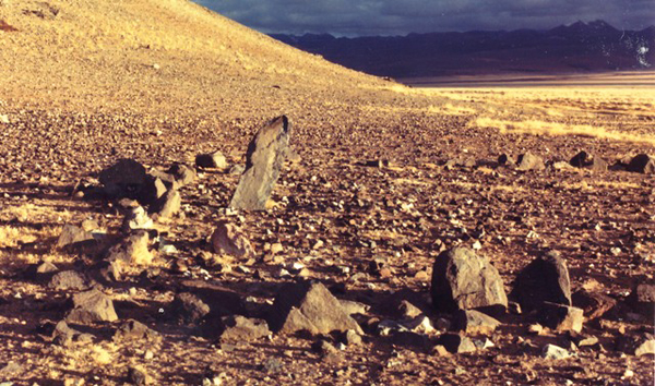 Fig. 7. This site is known as Loro Doring. This pillar monument is situated at the edge of the new highway that extends from central to western Tibet. In the last couple of years this site has been heavily impacted by road construction crews. Although the highway bypasses it, the enclosure was excavated and for no apparent reason