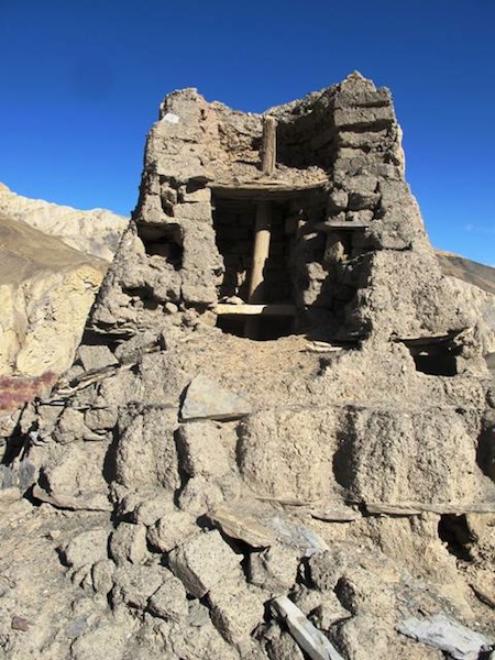 Fig. 7. In this close-up image the central axis (srog-shing) of the chorten is visible. This timber and others like it can potentially tell us much about environmental conditions in olden Guge. In Hala, the thieves with almost surgical precision emptied every chamber of every chorten of its contents. 