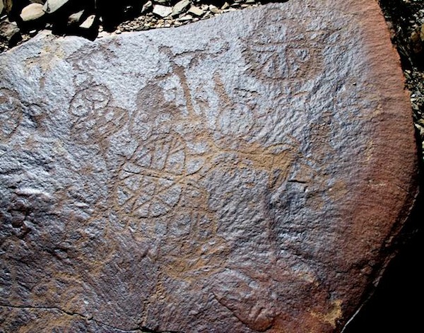 Fig. 8. Some of nine or ten mascoids engraved on the horizontal top of a boulder. 