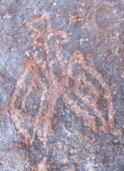 Fig. 11. Rather than horns, this raptor sports what appears to be a crest. It is located at the same site as the khyungs in figures 2 and 7 and can also be provisionally dated to the Iron Age. There is no body depicted below the diamond-shaped wings. What appears to be the ear is shown as a triangle opposite the rounded beak of the bird.