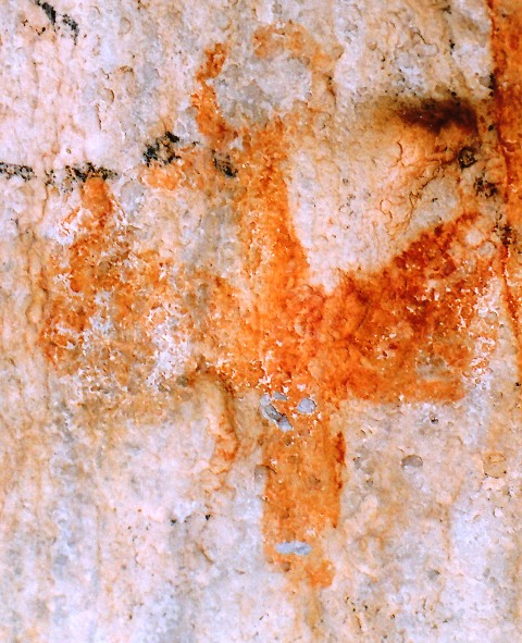 Fig.9. Eastern Changthang. Khyungs painted in red ochre are only found in the eastern portion of Upper Tibet. This specimen with its long body and wedge-shaped tail has undergone much wear and the browning of the pigment. It dates to the protohistoric period or early historic period.  