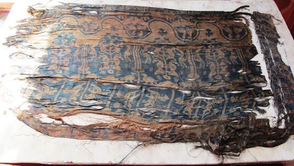 Fig. 1. The discovery of this patterned silk in the Gurgyam burial created quite a sensation in the international academic community. The learned comments of experts pertaining to it are found in the October 2010 newsletter.