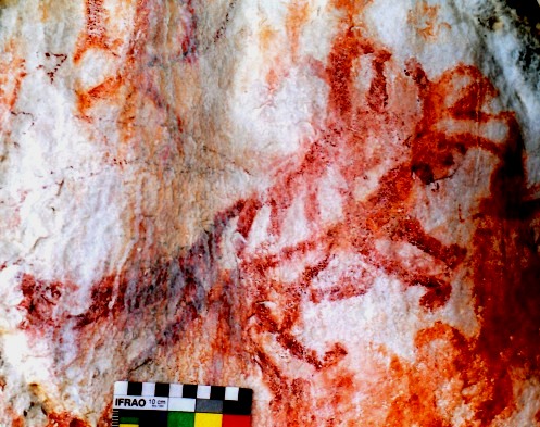 Fig. 10. A red ochre pictograph, eastern Changthang, early historic period or vestigial period (1000–1250 CE). This is the only ostensibly historic era tiger to have been documented in Tibetan rock art and the only one found on the Changthang. Given the epigraphy and other rock art at this locale, this pictograph is likely to have had religious value for non-Buddhist cults we can loosely refer to as bonpo. In style, this red ochre tiger is not unlike some tiger copper alloy talismans (thog-lcags). 