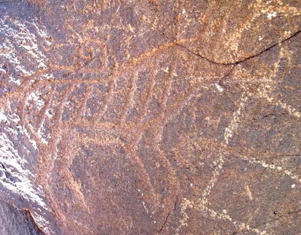 Fig. 5. A tiger (Iron Age) with tail curved over its body bordering a chorten petroglyph. Note the different degree of re-patination in the two carvings. There are also two ancient wild ungulates in close proximity. For these animals, see my book Antiquities of Northern Tibet (p. 350, fig. 10.62)