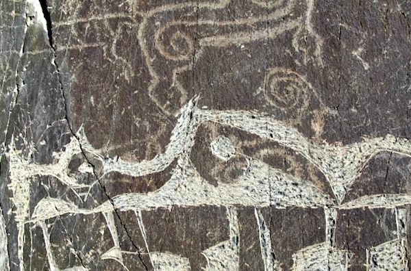 Fig. 8. Wild ungulates including a yak being attacked in the rear by a striped carnivore (tiger?), whose execution was inspired by the animal style of the steppes. These compositions are partly concealed by the mani mantra, northwestern Tibet. This animal art dates either to the Iron Age or protohistoric period; the mani inscription of course being added much later.