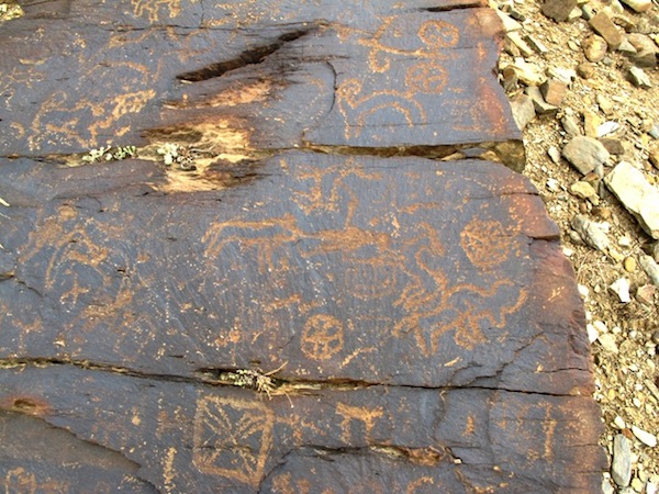 Fig. 1. On this rock panel is a variety of figures that according to their style, manner of production and physical appearance seem to have been made in the same timeframe, western Tibet. These petroglyphs can provisionally be dated to the Iron Age (600–100 BCE) or perhaps somewhat earlier.