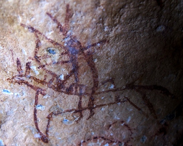 Fig. 4. A mounted archer shooting at a wild yak (not in picture) with a recurve bow, Iron Age or protohistoric period (150 BCE–650 CE). This red ochre pictograph belongs to an early phase of pictographic rock art in Upper Tibet. The hunter has a forked protuberance on its head; this may represent horns or feathers, both of which are represented in Tibetan ritual and quasi-historical accounts of prehistory. The upright ears, mane and tail of the horse are prominently portrayed. The two arms of the figure, one holding the bow and one drawing back on the bowstring, are also recognizable. The round object in front of the anthropomorph at waist level might possibly be the pummel of the saddle, which extends back behind the figure.
