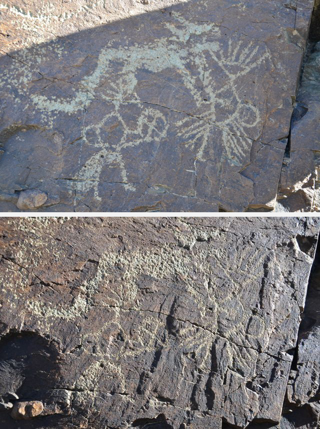 Fig. 4. Here depicted are two photos of the same rock art composition, one shot in direct sunlight and one in the shade. See Sonam Wangdu (1994: 89) for a similar contrast in imaging.