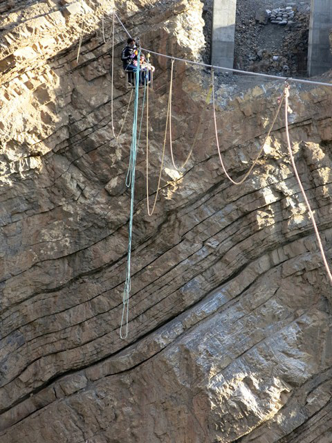 Fig. 7. The cable crossing to the village of Chichim (dKyil-khyim). This cable is approximately 200 m in length and is suspended about 250 m above the river. Known as a jhula in Hindi, a precursor to this kind of bridge was once located above the confluence of the Pin river (Diack 1899: 109). The narrow gorge of the Chichim cable crossing is subject to heavy crosswinds. The concrete pylon visible in the photo was constructed about 12 years ago, as part of a bridge that was never completed. The bridge, as it was designed, would not have been able to cope with the long span or intense wind-shear effect at the site.