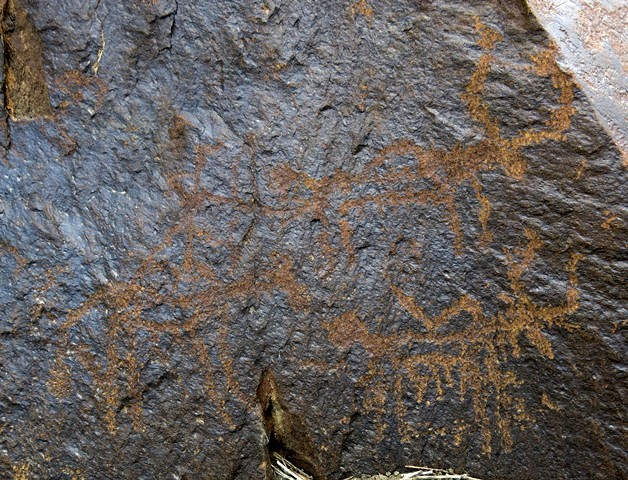 Fig. 31. A horseman armed with bow attacking two wild yaks, Gyurmo. The lower yak appears to have been hit with an arrow. Its horns, snout, rounded tail and belly fringe are all clearly recognizable. In addition to other characteristic anatomical features, the prominent withers of the wild yak are depicted on the upper specimen. The horseman is pointing his bow directly at the wild yaks, a graphic display of the final kill. Protohistoric period.