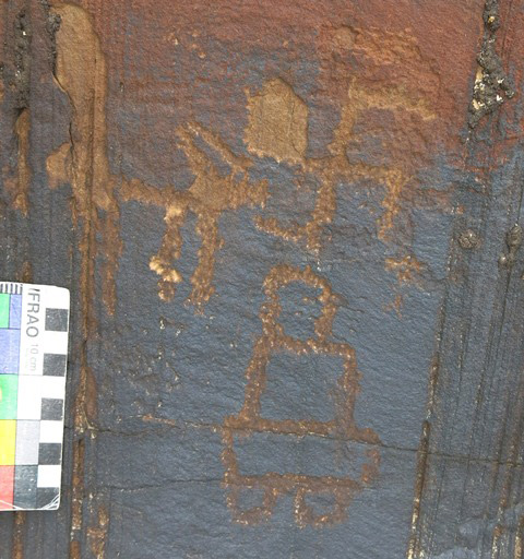 Fig. 47. A shrine of two tiers and rounded top section (bum-pa) with circles protruding from the base (11 cm high), clockwise swastika and ungulate, Poh Thangka (el. 3440 m). Early Historic period.