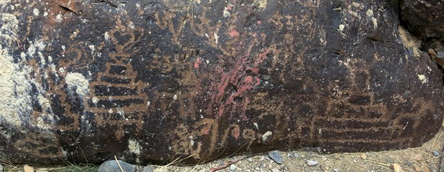 Fig. 68. Three chortens, Tibetan letters and caprids, Tabo. This boulder was integrated into the wall of an apple orchard, saving it from total destruction. Two of the chortens have five levels and the one on the left has three levels. Early Historic period.