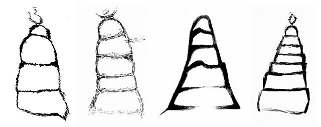 Figs. 71–73. Black and white drawings of shrines and chortens in the rock art of Upper Tibet resembling those found in Spiti. Protohistoric and Early Historic periods. By Lingtsang Kalsang Dorjee and his atelier.