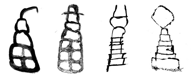 Fig. 72. Black and white drawings of shrines and chortens in the rock art of Upper Tibet resembling those found in Spiti. Protohistoric and Early Historic periods. By Lingtsang Kalsang Dorjee and his atelier.