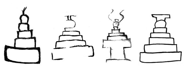 Fig. 73. Black and white drawings of shrines and chortens in the rock art of Upper Tibet resembling those found in Spiti. Protohistoric and Early Historic periods. By Lingtsang Kalsang Dorjee and his atelier.