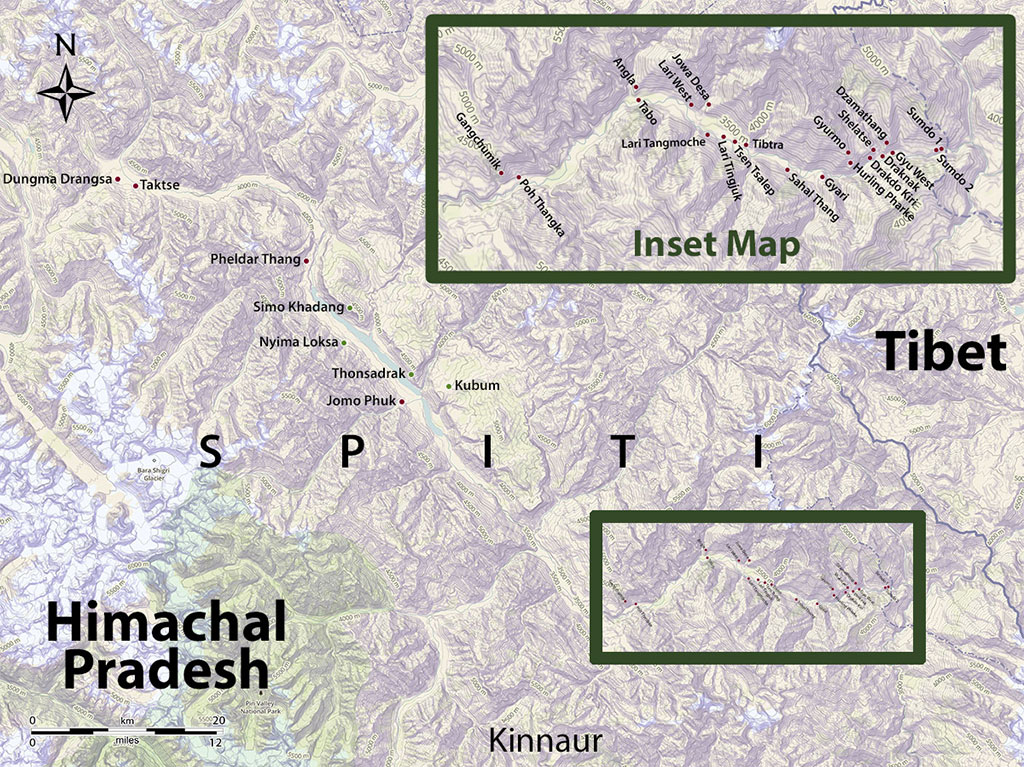 The rock art sites of Spiti: red dot denotes petroglyphs, green dot denotes pictographs. Map by Brian Sebastian and John Vincent Bellezza