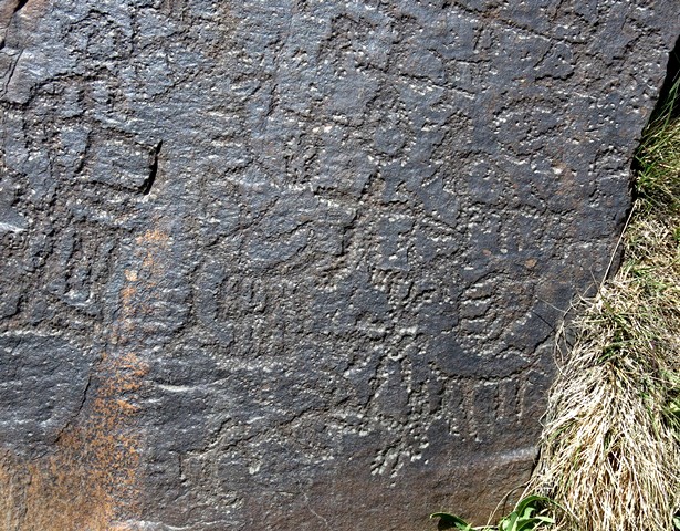 Fig. 5.2. The lower right portion of the boulder in fig. 5.1. Note the three bowmen in the upper middle part of the photograph. They appear to be firing on wild caprids located to the right. Below these hunters there seem to be two other anthropomorphs. Also in this image are opposing caprids creating two square configurations. 