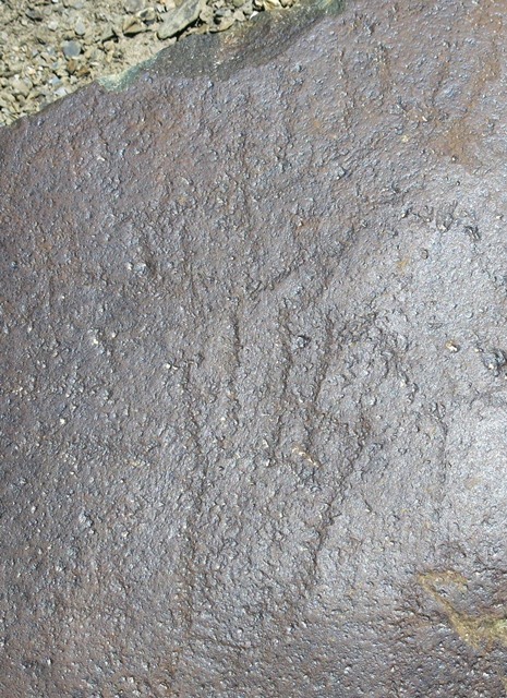 Fig. 9.7. Linear markings on a boulder. The markings on this boulder include a hand-like subject (lower portion of photo). Possibly Iron Age.