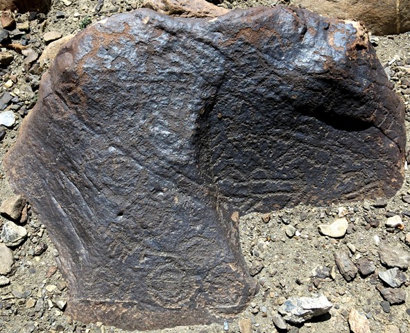 Fig. 10.12. The face of a boulder packed with interconnected geometric designs with several wild caprids distributed among them (bottom left and bottom right). Iron Age.