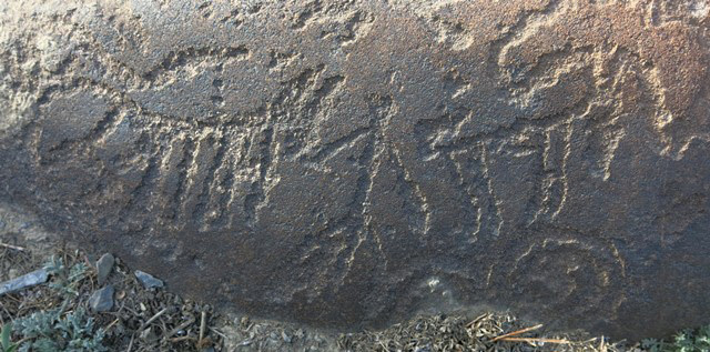 Fig. 11.17. Male anthropomorph (13 cm high) between two caprids and with a spiral beneath partially buried in the earth. These figures appear to form an integrated composition. Iron Age or Protohistoric period.