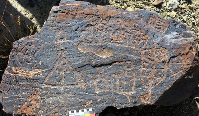 Fig. 14.61. Bisected triangle (left), two squares (middle of bottom), sub-rectangle subdivided into eight parts with triangular extension (right side) and complex geometric pattern (top). Probably Early Historic period.