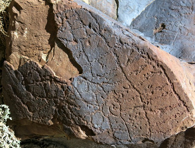 Fig. 14.64. Complex geometric design covering the face of a boulder. It includes long vertical lines and shorter connecting horizontal lines. Some of these carvings have been obliterated. Protohistoric period.