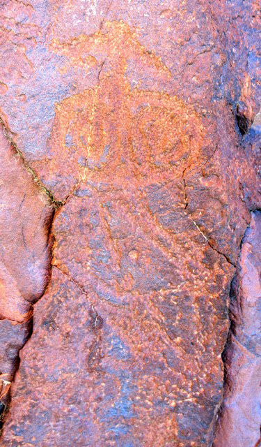 Fig. 14.69. Another possible ritual object or shrine. Part of the left side of this carving has been destroyed. This petroglyph has a wide triangular finial with a wedge-shaped top, thin neck, circular middle section with curvilinear designs, triangular lower section and rectangular base. Note that parallel lines were used in the creation of the outline of this figure. It is also possible that this is the representation of a raptor. Those resembling this subject are known in Spitian rock art (see August 2015 Flight of the Khyung, figs. 17, 18). Protohistoric period.