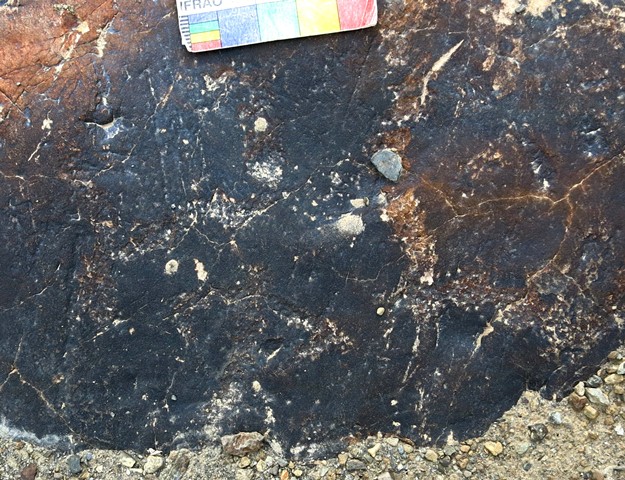 Fig. 18.15. An emblematic anthropomorph, arms pointing downward and what may be a wild ungulate carving to the right. These two petroglyphs possibly form a single composition. Iron Age or Protohistoric period.