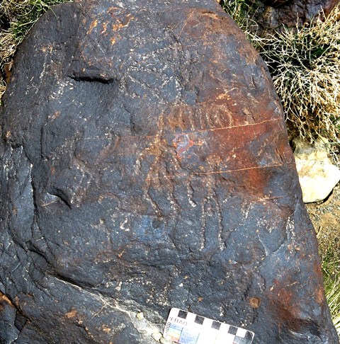 Fig. 18.25. Two male anthropomorphs (middle) surrounded by wild caprids. The human figures and some of the animals seem to form a single composition. Protohistoric period.