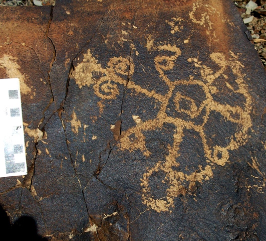 Fig. 19.5. An unusual curvilinear subject comprised of lines terminating in circles and spirals that radiate from a central pentagonal form. Early Historic Period. Photo courtesy of the Spiti Rock Art and Historical Society.