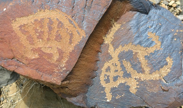 Fig. 20.25. The geometric subject on the left (14 cm long) probably dates to the Protohistoric period. This portion of the boulder has been stripped of much of its veneer. The geometric on the right belongs to a later period. This boulder was broken in half by those keen to expand apple orchards.