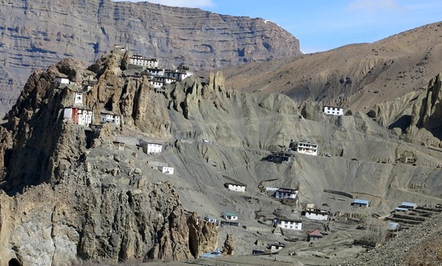 Fig. 5. Dankhar. The monastery is in the crags on the left and the old residential complex of the Nono is higher up in the crags to the right.