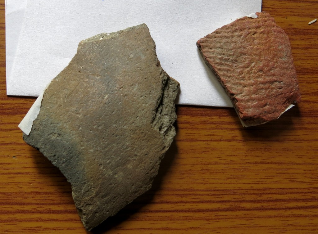 Fig. 7. Two pottery sherds collected in Gyu by members of the SRAHS. The sherd on the right is from a smooth-walled greyware vessel. The sherd on the right is a fabric- or basket-marked thin-walled piece of redware. Such types of ceramics are likely to have come from local tombs.