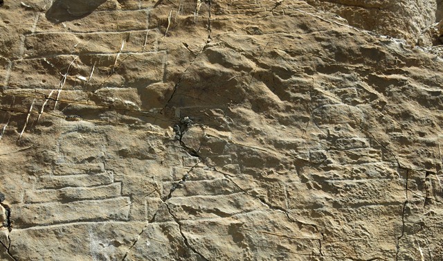 Fig. 21.16. A partial view of a row of six spireless chorten (each 35 to 50 cm high). Above this row of chorten is a much larger specimen. To the right of this larger specimen two chorten share a common base. These upper carvings are only partially visible in the photo.