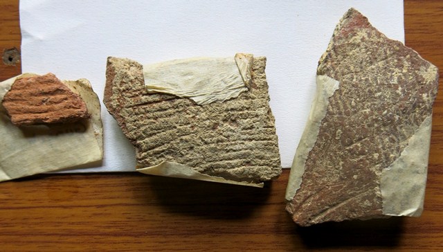 Fig. 21. Ceramic fragments from three different vessels collected near Gangchumik (sGang-chu mig) of the kind that may have been deposited in graves. All three sherds have impressed decorations created using various materials.