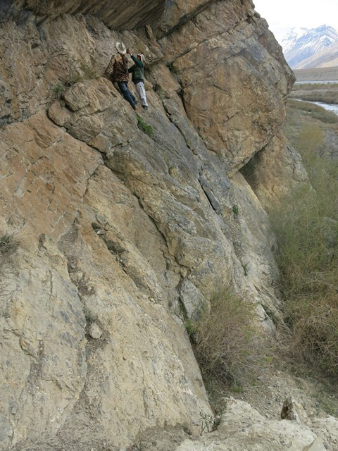 Fig. 26.1. Members of the Spiti Antiquities Expedition (May-June, 2015) examining rock art at Thonsadrak 1.