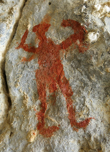 Fig. 27.10. Close-up of anthropomorph (17 cm high) in fig. 27.3. This figure brandishes what looks like a shield and sword and appears to have male genitalia. Any depiction of weapons might be directly relatable to accounts in Tibetan literature of pre-Buddhist priests (bon and gshen) and there warlike activities. As already mentioned, much of the anthropomorphic rock art of Spiti is unambiguously marked as male.