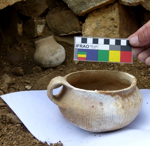 Fig. 39. Two other ceramic vessels retrieved from the tomb in fig. 36. The buffware jar in the foreground has a rounded bottom, squat, cord-marked body, a single loop handle, smooth-walled neck, very wide mouth and slightly turned out rim. The jar in the background exhibits the same fabric and surface treatment. This bulbous pot has a narrower neck terminating in a rim without any eversion. Photo courtesy of SRAHS.
