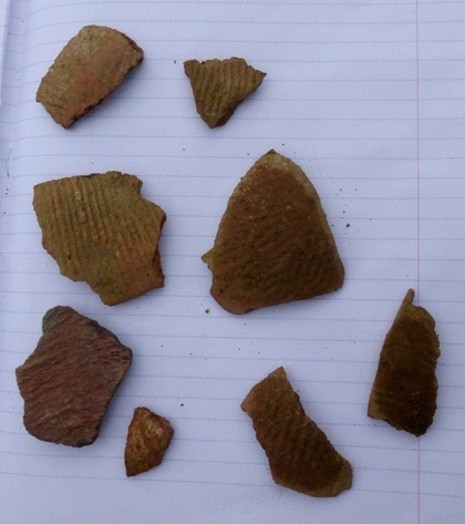 Fig. 40. Cord-and fabric-marked fragments of redware and buffware collected from the disturbed tombs of Tashigang. Photo courtesy of SRAHS.