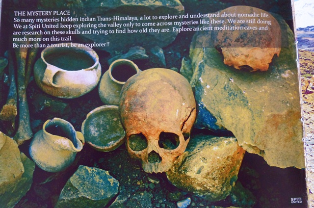 Fig. 41. Ceramic vessels and human skulls removed from the tomb at Tashigang and used as promotional materials for a tour company called Spiti United. Note the cord-marked vessel with spout and handle on the lower left side of the photograph.