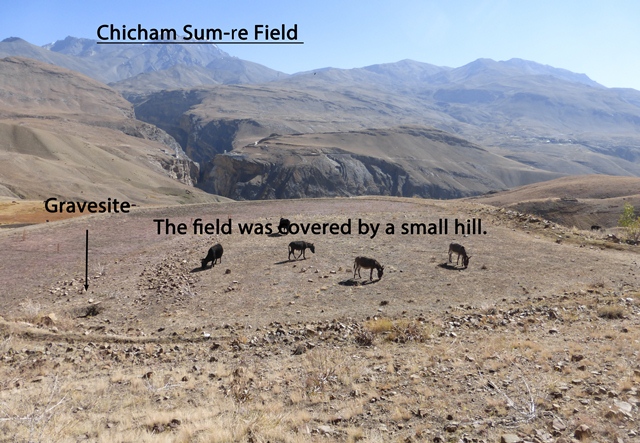 Fig. 46. Location of a cist tomb opened during the expansion of agricultural lands, Chichim. Photo and notation courtesy of SRAHS.