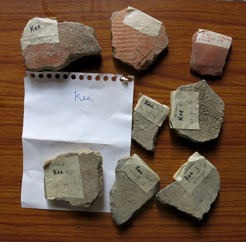 Fig. 54. Various ceramic fragments collected in Key village. The finer-textured greyware sherds in the lower two rows appear to represent historical era ceramic types.