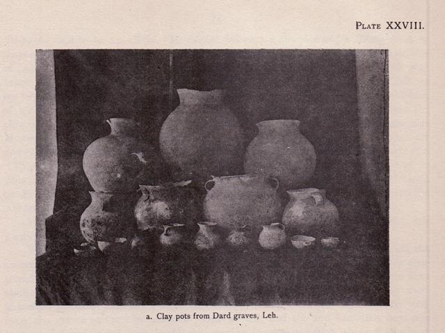 Fig. 70. Ceramics collected from tomb in Teu Serpo (Te’u gser-po), in the Ladakh valley. These vessels are attributed by A. H. Francke to the first half of the first millennium CE (Tibetan Protohistoric period). Photo credit: Shawe, in Francke 1914, fig. XXVIII, a.